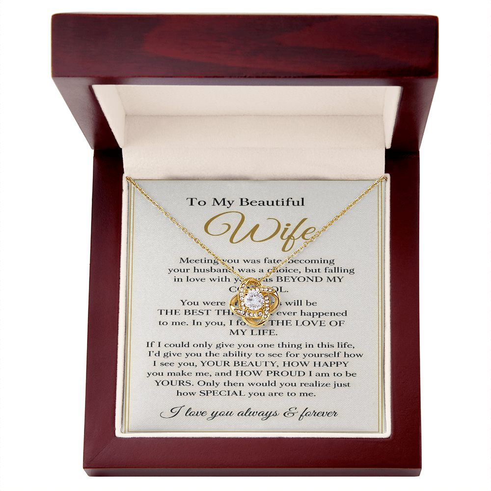 To My Beautiful Wife – Love Knot Necklace – Anniversary Gift, Romantic Gift for Wife, Meaningful Message Card Jewelry