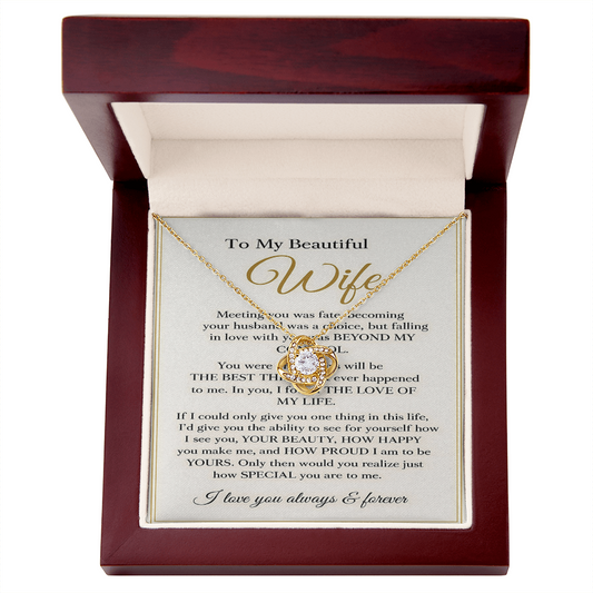 To My Beautiful Wife – Love Knot Necklace – Anniversary Gift, Romantic Gift for Wife, Meaningful Message Card Jewelry