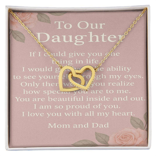 Interlocking Hearts Necklace for Daughter from Mom & Dad – To Our Daughter Message Card – Inspirational Gift
