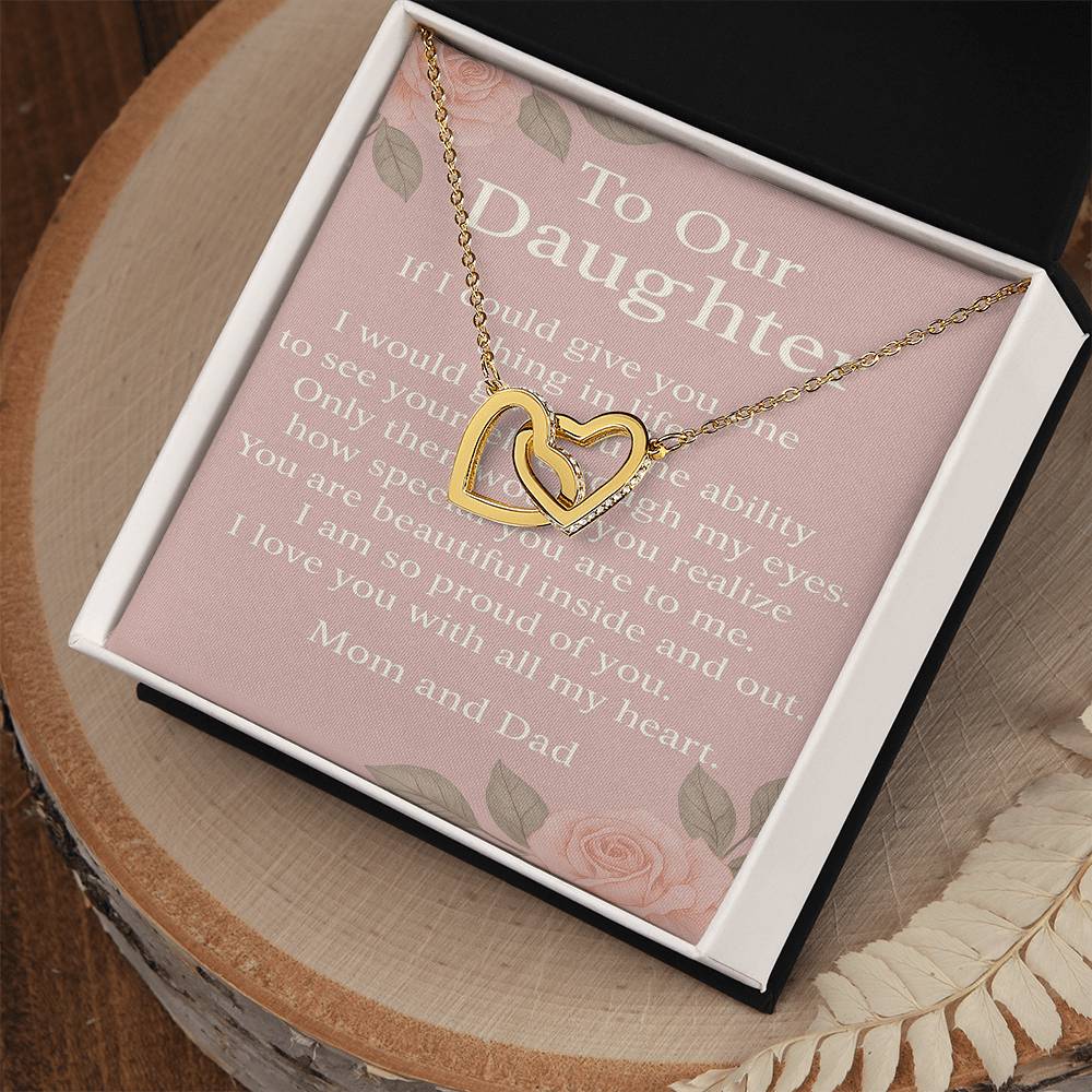 Interlocking Hearts Necklace for Daughter from Mom & Dad – To Our Daughter Message Card – Inspirational Gift