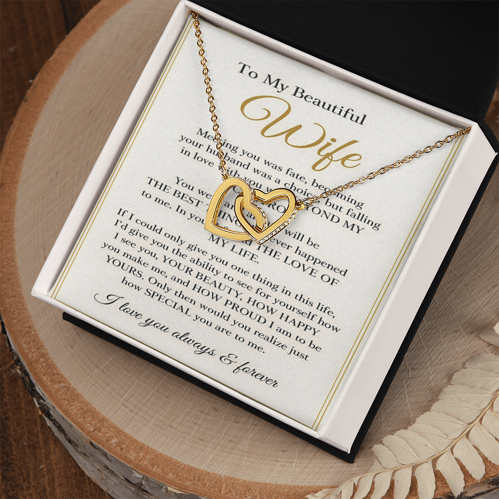 To My Beautiful Wife – Interlocking Hearts Necklace – Romantic Anniversary Gift with Message Card