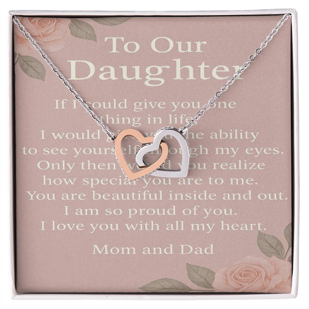 Interlocking Hearts Necklace for Daughter from Mom & Dad – To Our Daughter Message Card – Inspirational Gift