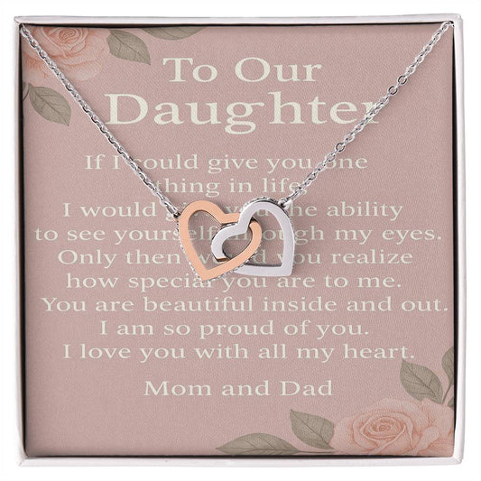 Interlocking Hearts Necklace for Daughter from Mom & Dad – To Our Daughter Message Card – Inspirational Gift