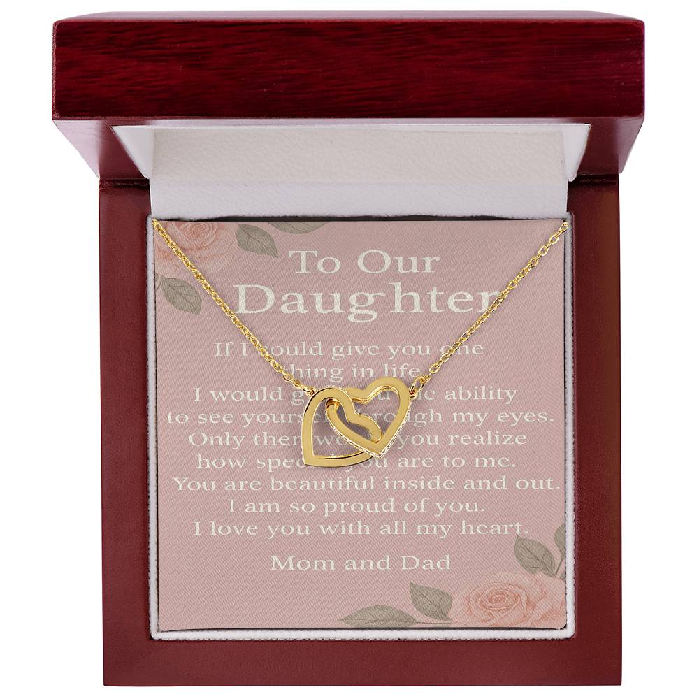 Interlocking Hearts Necklace for Daughter from Mom & Dad – To Our Daughter Message Card – Inspirational Gift