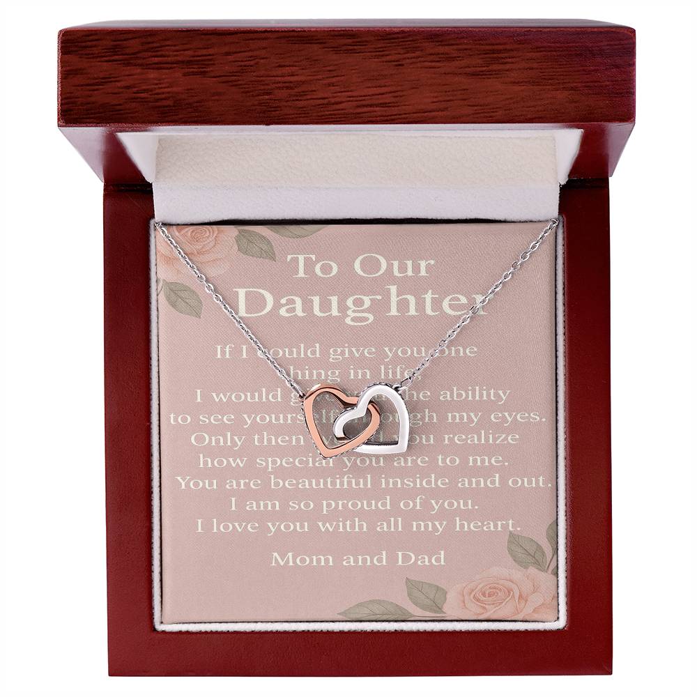 Interlocking Hearts Necklace for Daughter from Mom & Dad – To Our Daughter Message Card – Inspirational Gift