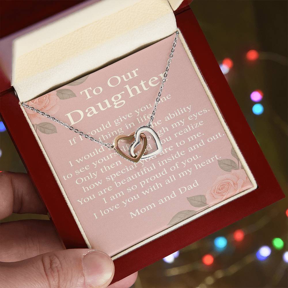 Interlocking Hearts Necklace for Daughter from Mom & Dad – To Our Daughter Message Card – Inspirational Gift