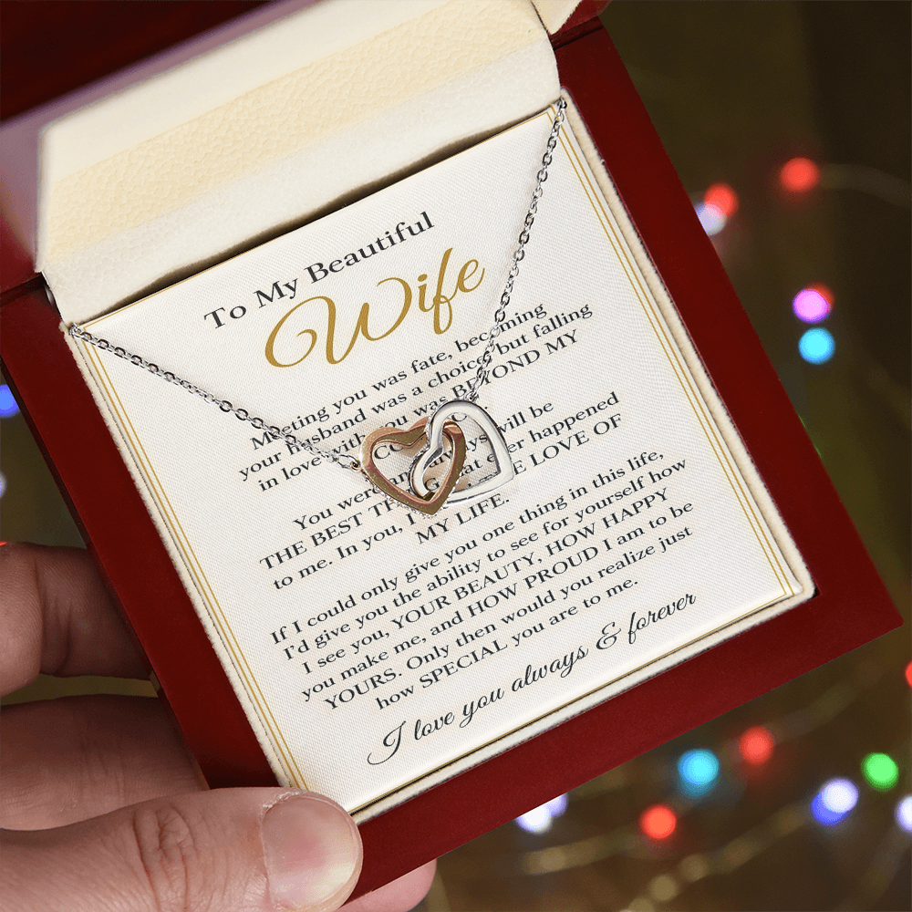To My Beautiful Wife – Interlocking Hearts Necklace – Romantic Anniversary Gift with Message Card